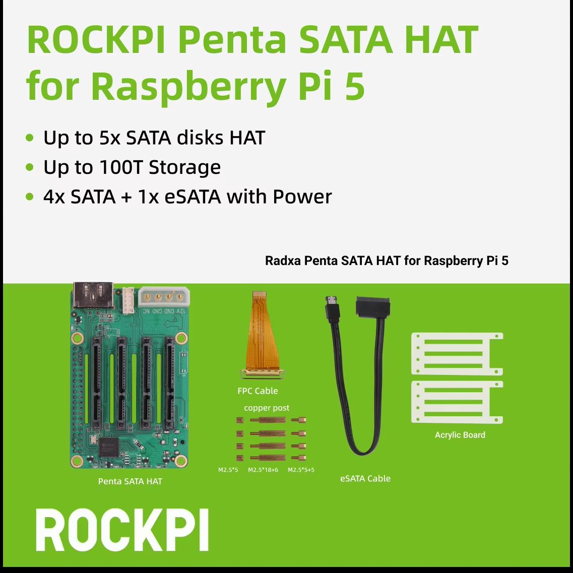 ROCKPI Penta SATA HAT 5 Bay Storage Expansion For Raspberry Pi 5 & ROCK Pi SBCs for Rpi 5 Or 5c
