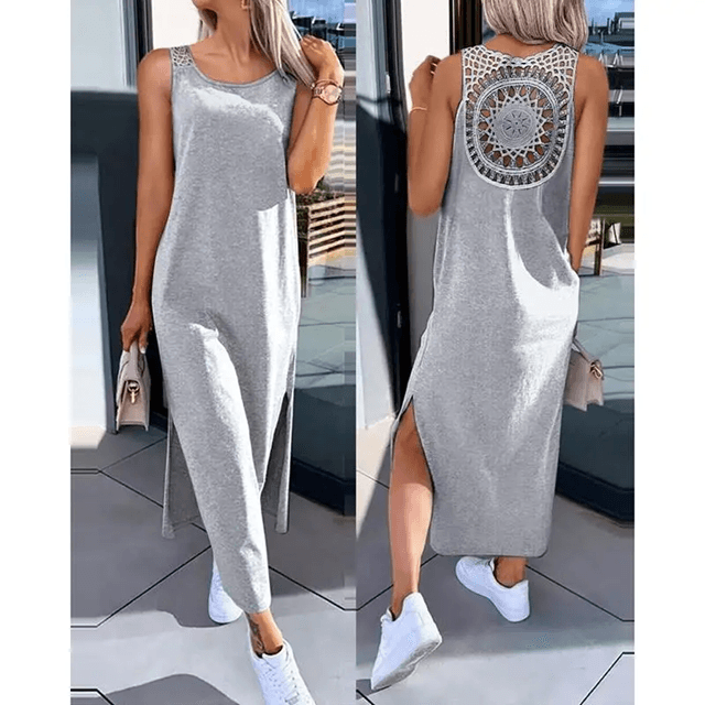 Summer Sleeveless Casual Midi Dress With Side Slit xxxl(us 16) dark Gray
