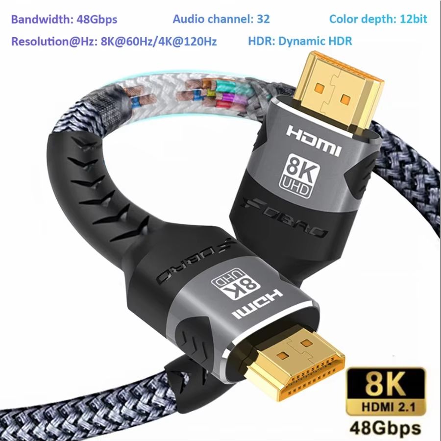 Ultra High Speed HDMI 2.1 Braided Cable (4K At 120Hz | 8K A60Hz) 48 Gbps Transfer | DTS:X | HDR10 | PS5 Laptop Ready 8k Hdmi Cable 2 2m