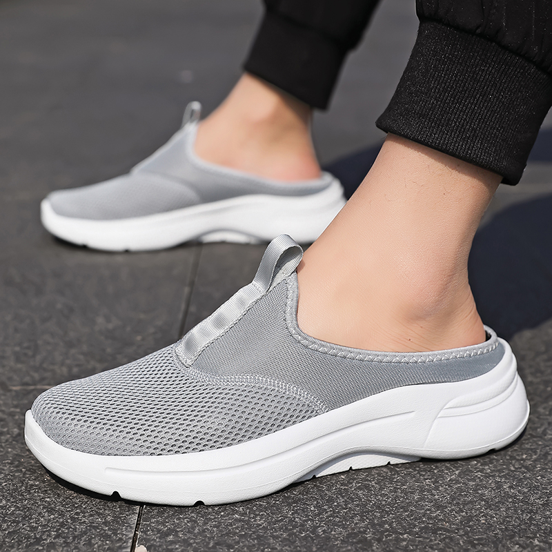 Breathable Men Flat Slip On Half Slippers Running Shoes, Comfortable Sport Shoes Lightweight Walking Sneakers gray 45