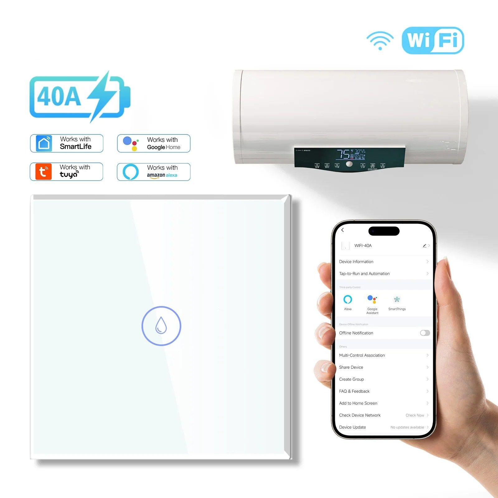 Smart Wall Switch For WiFi Controlled Water Heater With Voice And App Control black Socket Cover 40a Switch