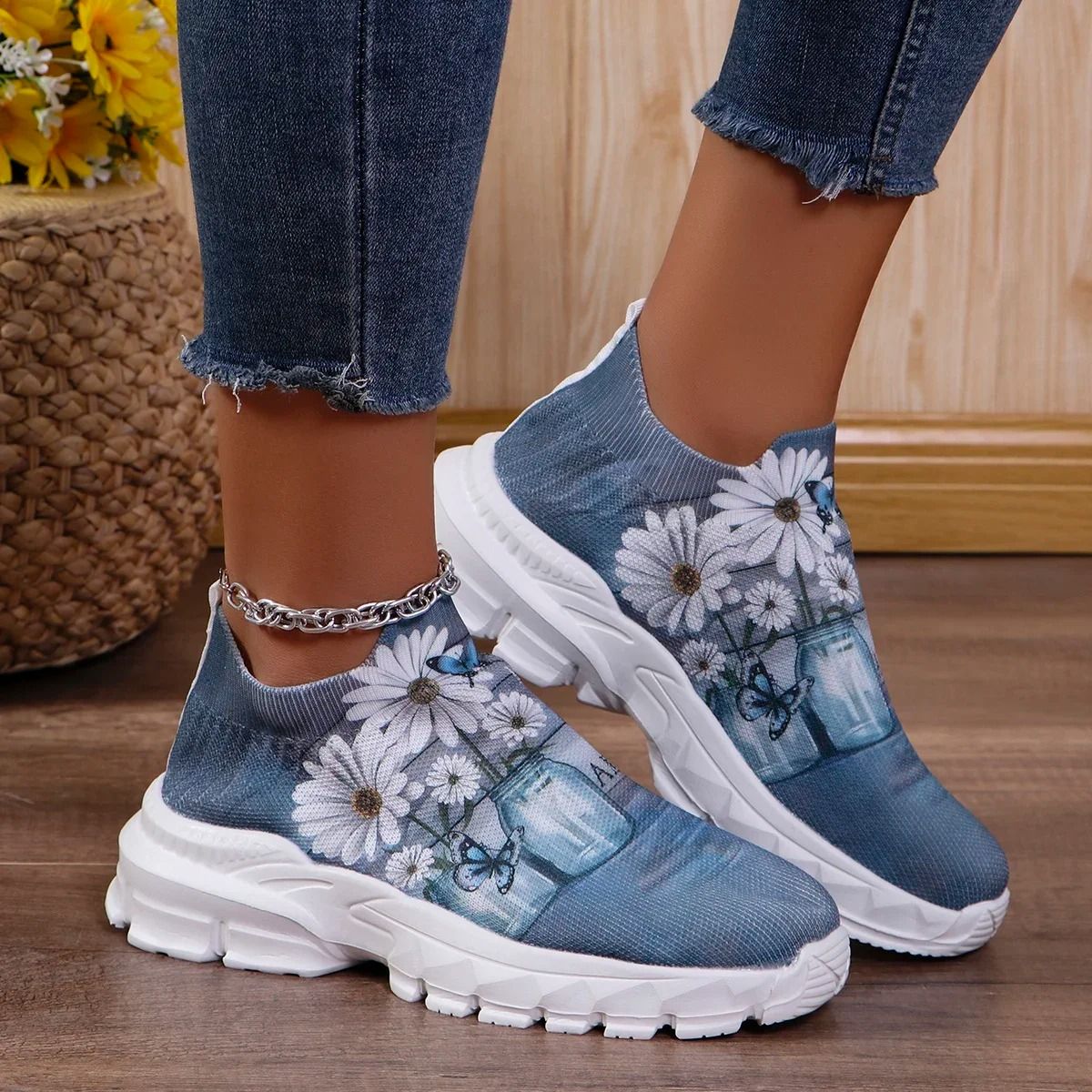 Floral Print Platform Sneakers Women Breathable Non Slip Running Shoes 10 pink