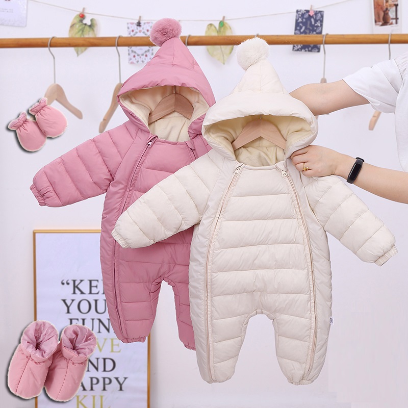 Plus Velvet Hooded Newborn Baby Jumpsuit Warm Snowsuit For Baby Boys, Toddler Snow Suit Baby Girl Cotton Overalls Romper pink 6 12m 80
