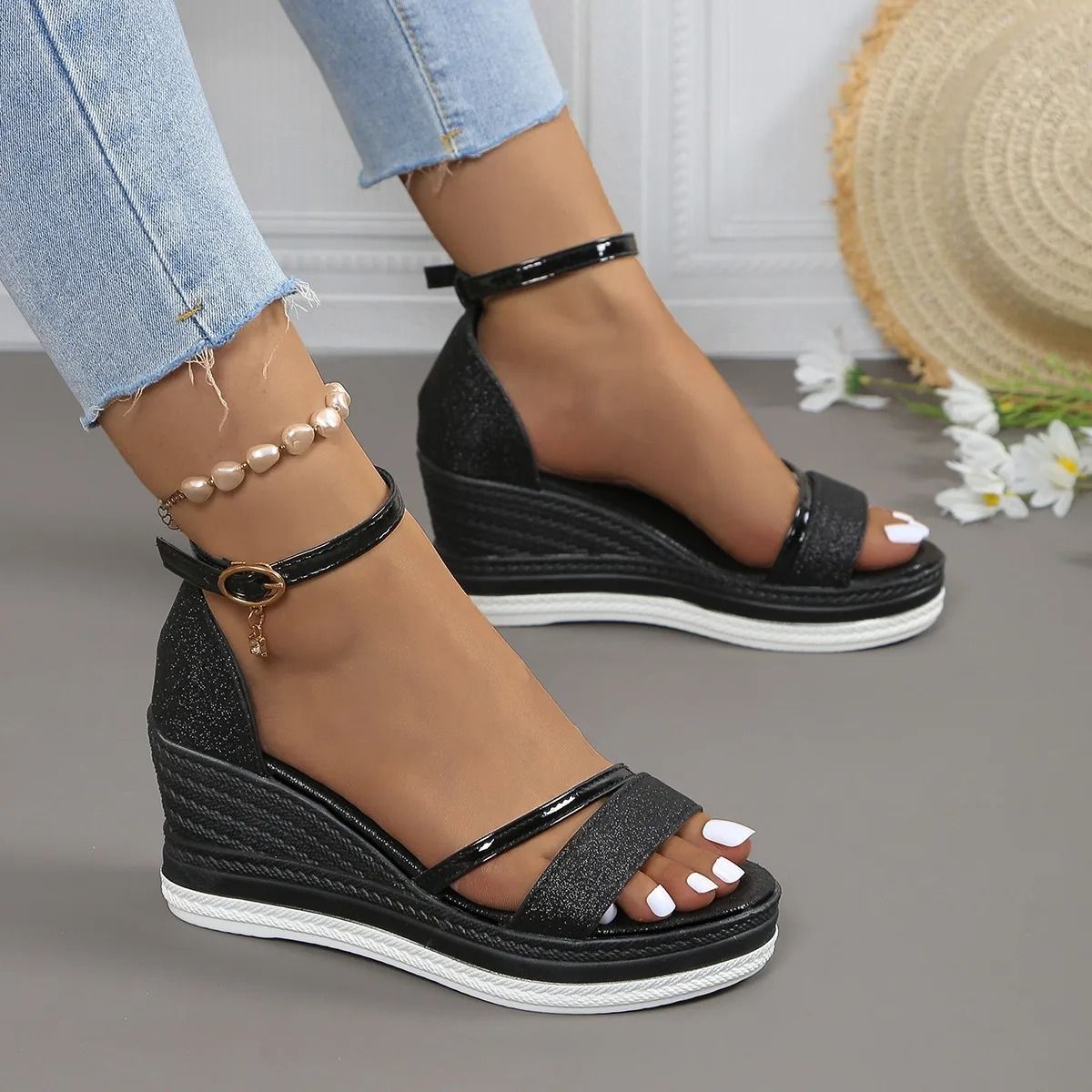 Women Casual Platform Wedge Sandals High Heels Summer Comfort us 8 black