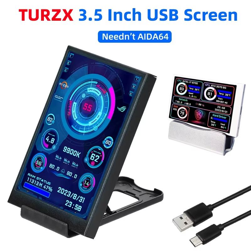 3.5 Inch IPS USB Type C Secondary Screen Mini Monitor For CPU, GPU, RAM, HDD Display black