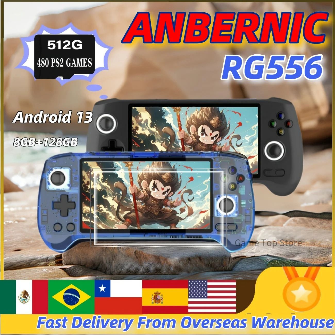 ANBERNIC RG556 Portable Handheld Game Console With Android 13 And AMOLED Screen 256 Gb 160 Ps2 Games black And Bag
