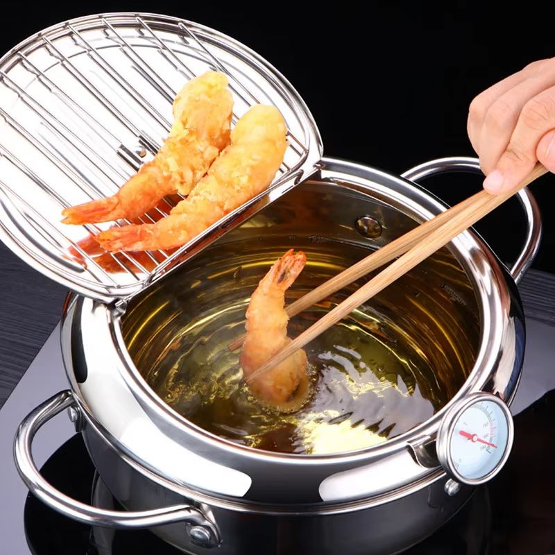 Japanese Stainless Steel Deep Frying Pot With Thermometer & Lid Tempura Fryer Pan (20 24 Cm) l