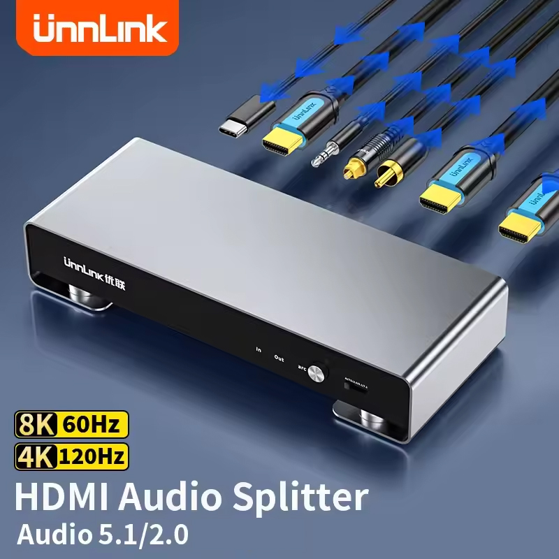 Unnlink 8K HDMI Audio Extractor, Splitter,4K 120Hz, Toslink, SPDIF Optical, Coaxial, 3.5mm Output For PS5, Soundbar style1 us Plug