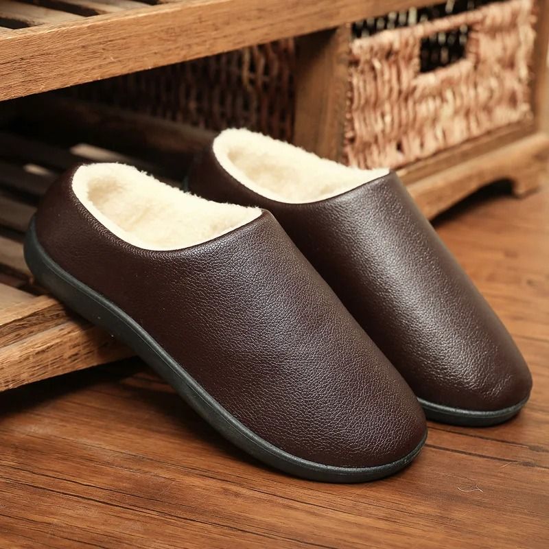 Men Winter Leather Slippers Bedroom Cotton Slippers Male Waterproof Thick Plus Velvet Indoor Warm House Slippers Shoes us 7 black