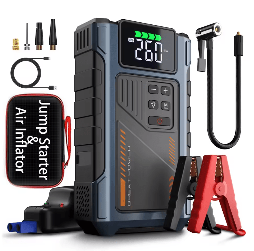 Portable Car Jump Starter With Air Compressor 3000A Peak Battery Pack silver
