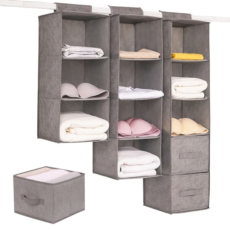 Wardrobe Hanging Storage Organizer With Collapsible Shelves gray 3 layer