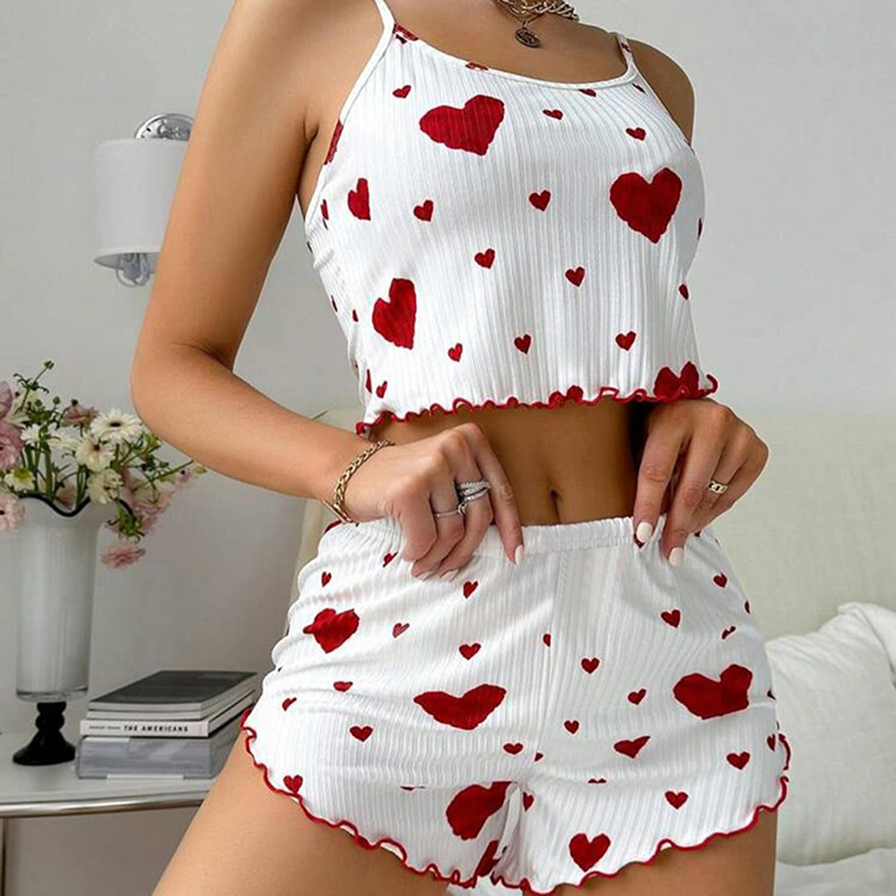 Womens Pajamas Set, Love Heart Print Spaghetti Strap Camisole And Shorts, 2PC Summer Sleepwear pink Black 1xl