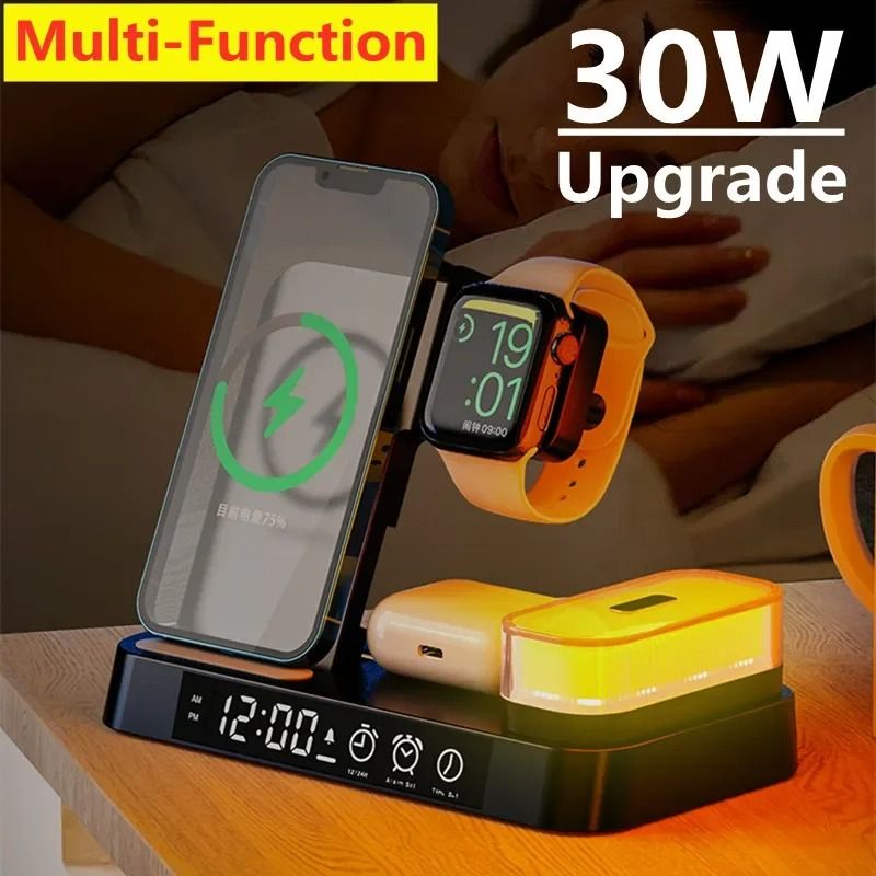 30W 3 In 1 Wireless Charger Stand Pad Alarm Clock Night Light Fast Charging Station Dock for Samsung Watch White