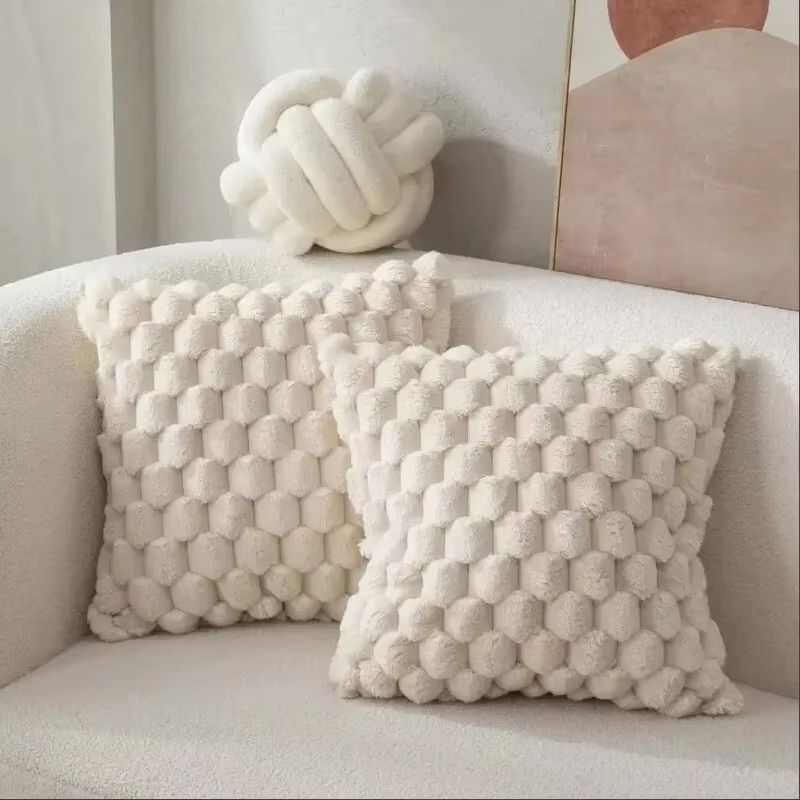 Plush 3D Pineapple Grid Throw Pillowcase Soft Decorative Cushion Cover For Sofa, Bedroom & Living Room 1pcs Beige