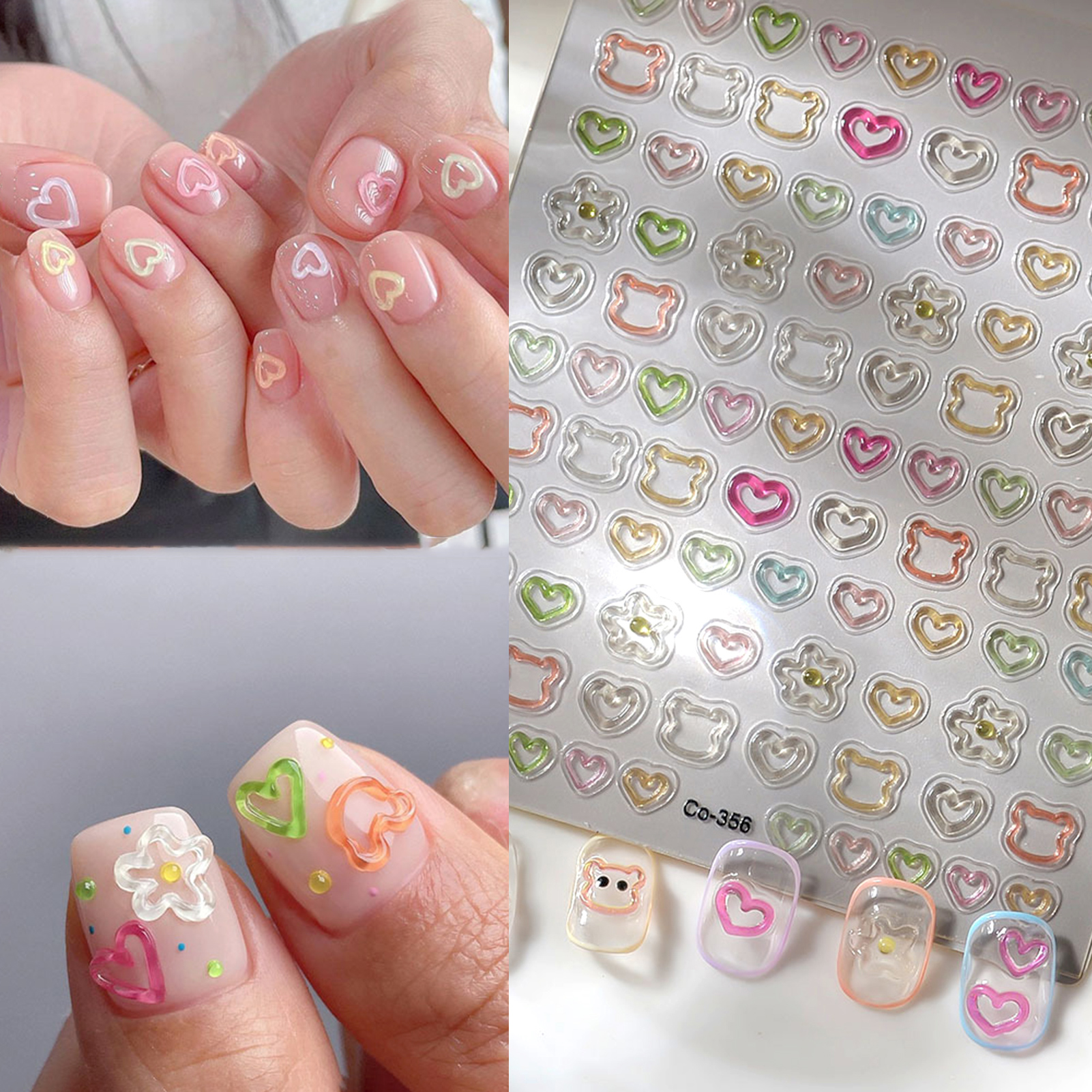 3D Embossed Nail Stickers, Cute Hollow Bear Heart Flower Decals For DIY Manicure s2