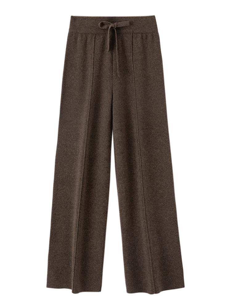 Autumn Winter Dream Women Wool Wide Leg Pants, Cashmere Trousers, Merino Wool Knitted, Elastic Waist Lace Up beige l