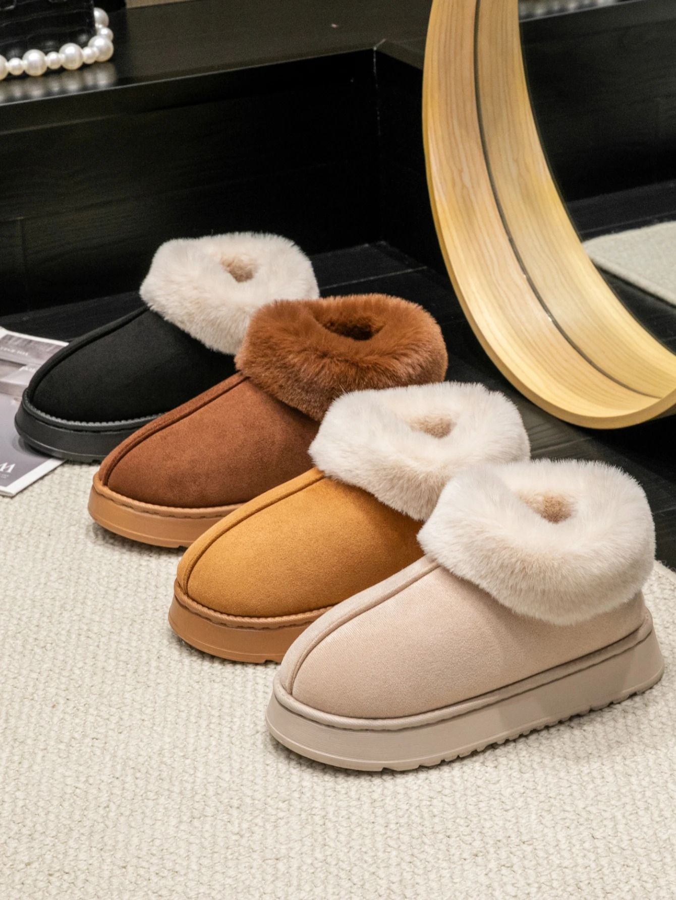 Women Winter Indoor Soft Faux Fur Snow Boot Slippers Plus Sizes beige 5.5 6.5