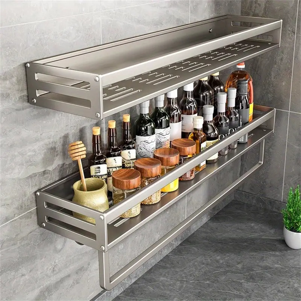 Aluminum Wall Mounted Spice Rack Multifunctional Item Shelf Kitchen Tools Hooks Kitchen Condiment Storage Rack 40 Gun Gray Rod