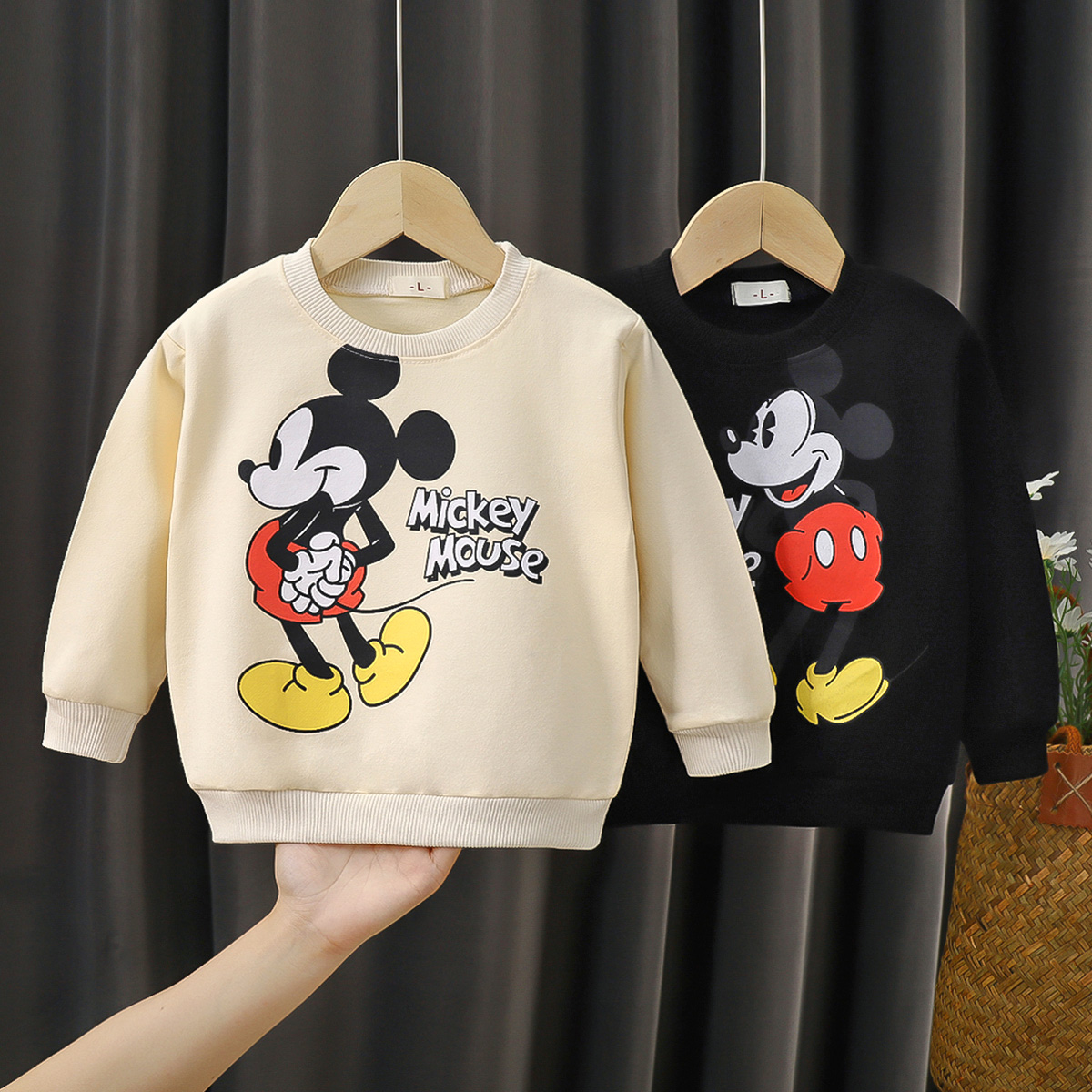 Baby Clothes Mickey Printed Cartoon Sweatshirt Long Sleeve Tops Loose Fashion Autumn Thin Sweater For Children beige 24m
