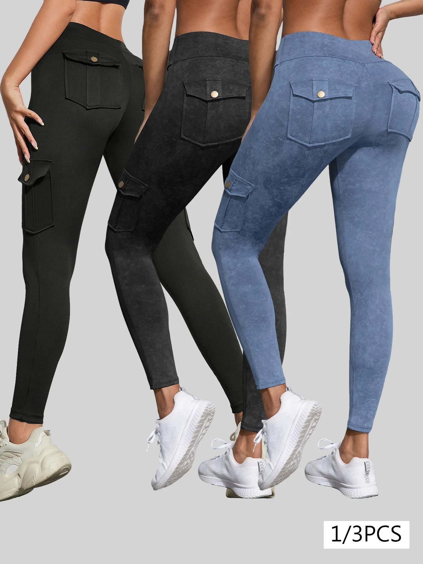 Womens Butt Lifting Leggings With Side Pocket And Washed Print Design m 3 Pcs