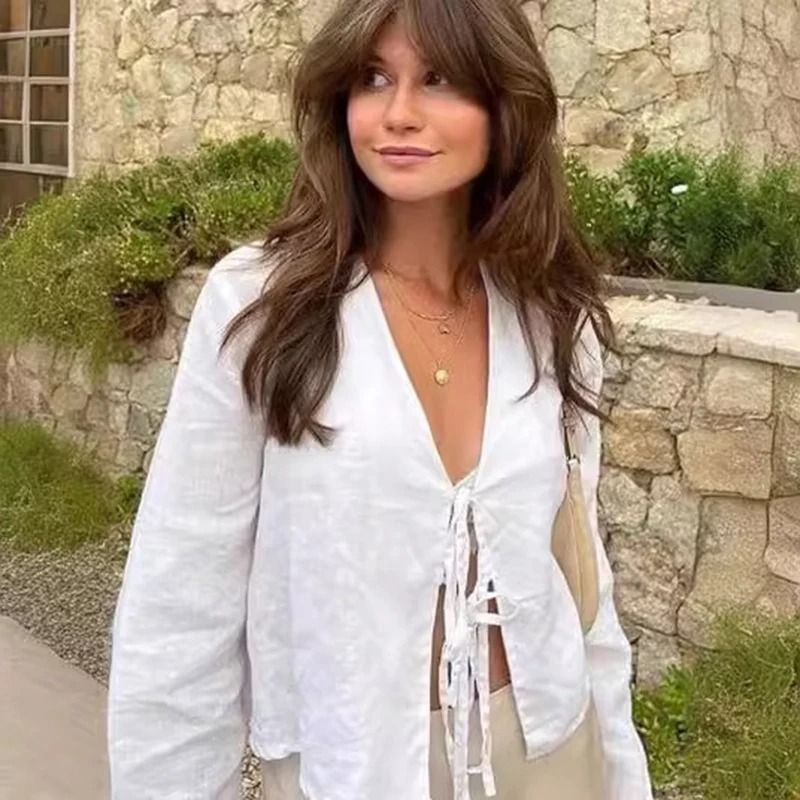 Loose Lace Up Bow V Neck Flare Sleeve Women Blouse m pink