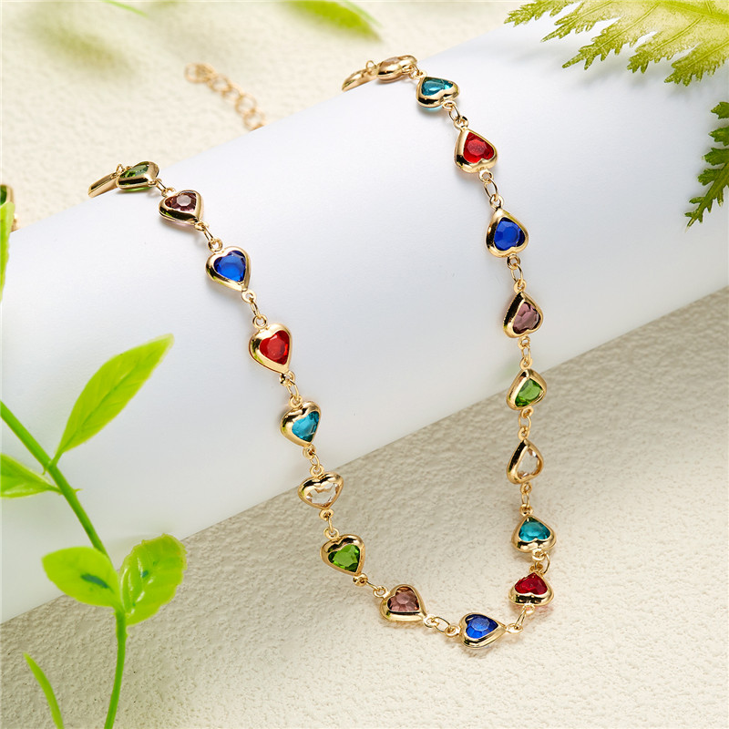 Colorful Crystal Heart Choker Necklace For Women, Zircon Charm Metal Chain Necklace, Elegant Party Birthday Jewelry Gift silver Color