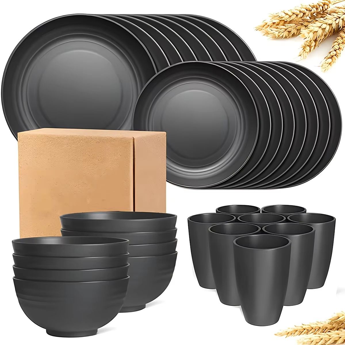 16 32 Piece Tableware Set Plates, Bowls & Cups For Home, Camping, Picnic & Family Gatherings 32 Piece Set Black