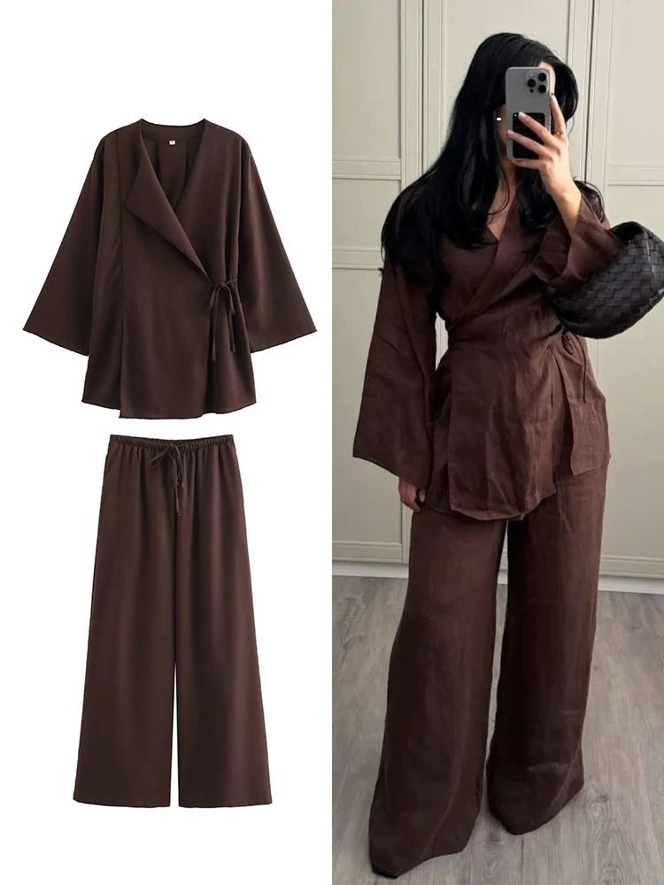 Womens Kimono Style Two Piece Outfit With Lace Up Top And Wide Leg Pants brown xs