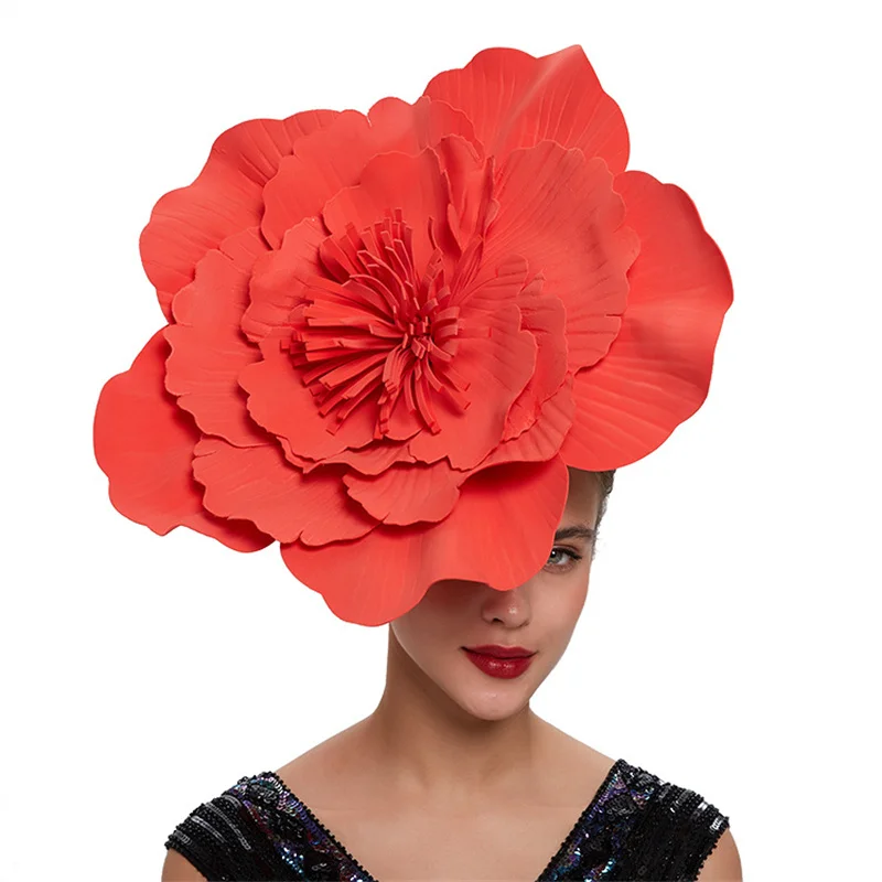 Elegant Women Large Flower Hair Band, Bow Fascinator Hat Bridal Headdress Prom Party Photo Shoot Photography Accessories red