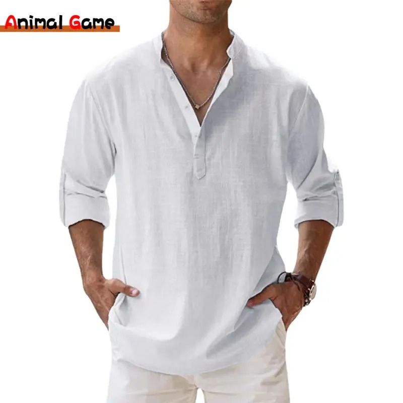 Lightweight Cotton Linen Long Sleeve Shirt For Men s grey