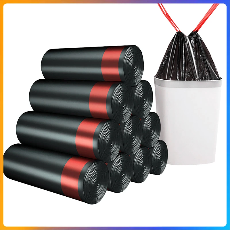Household Kitchen Roll Drawstring Garbage Bag Thickened Automatic Closing Portable Plastic Bag No Dirty Hands Trash black one Size