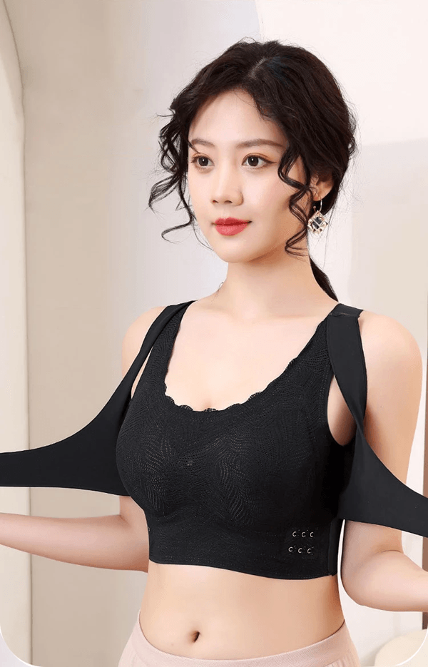 Elegant Lace Wireless Bra With Front Buckle And Criss Cross Back l green