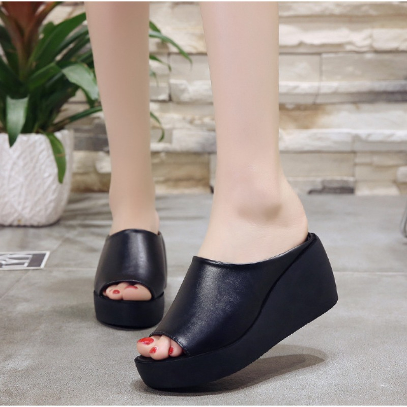 Womens Summer Platform Wedge Slippers Peep Toe Slides Ladies Casual Outdoor Solid Shoes white 36