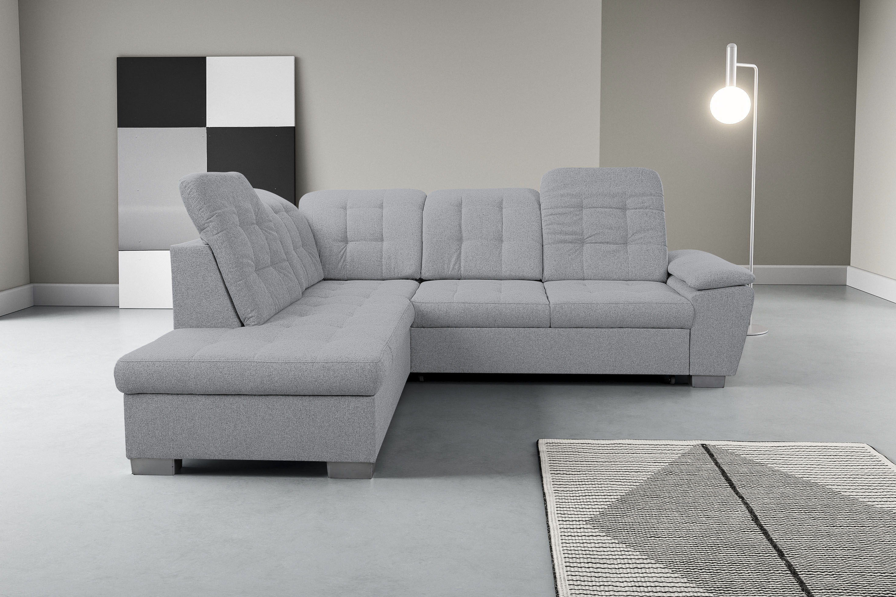 Ecksofa WERK2 "Bonny inkl. Kopfteilverstellung, Bettfunktion, Stauraum, L-Form", grau, B:265cm H:103cm T:215cm, 100% Polyester, Sofas, Komfortwunder mit Schlaffunktion, verstellbarem Kopfteil & Stauraum.
