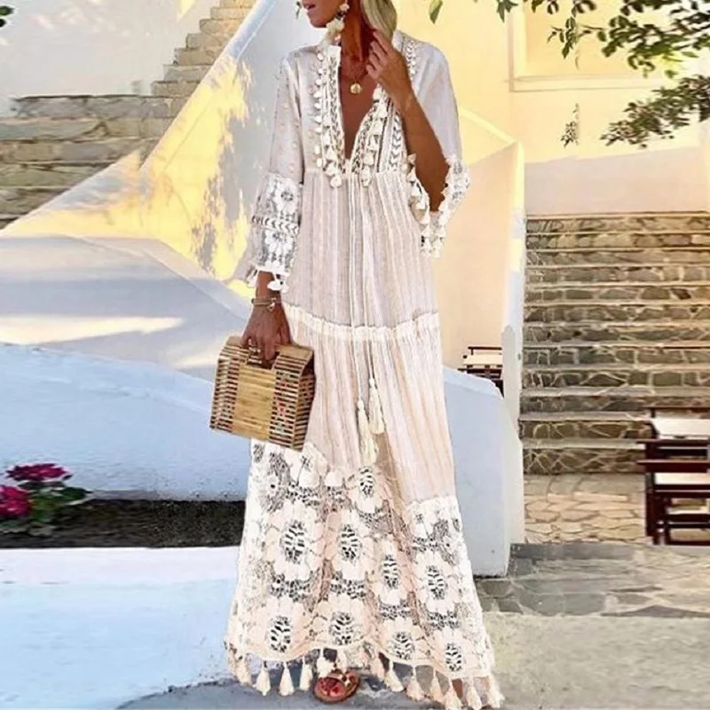 Urlaub Kleid Solide Aushöhlen V-ausschnitt Spitze Sexy Kleider Böhmischen Stil Große Größe Kleid Vestidos Quaste Sexy Boho Lange Kleid Frauen
