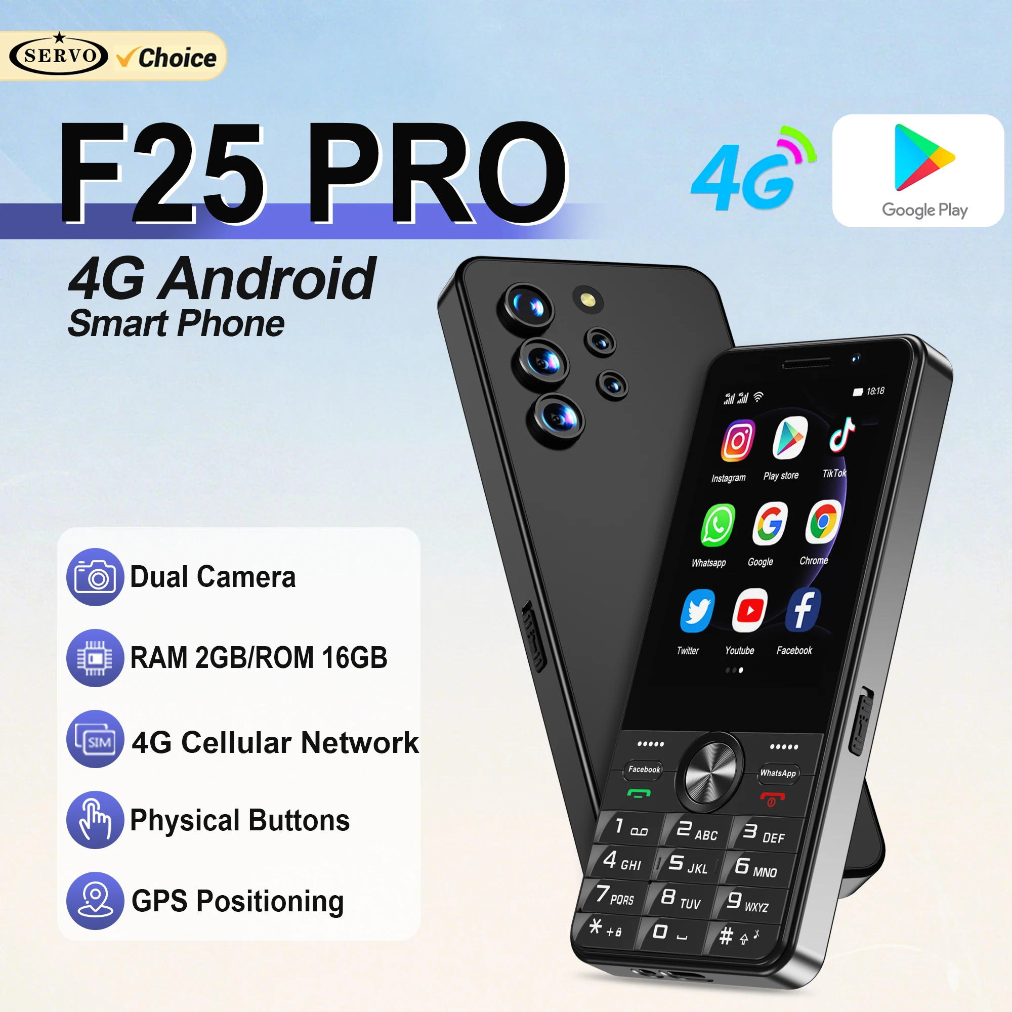 SERVO F25 PRO Touch Screen Smartphone Android System 4G LTE 2GB+16GB Play Store GPS FM Radio Button Smart Phone Dual SIM Standby