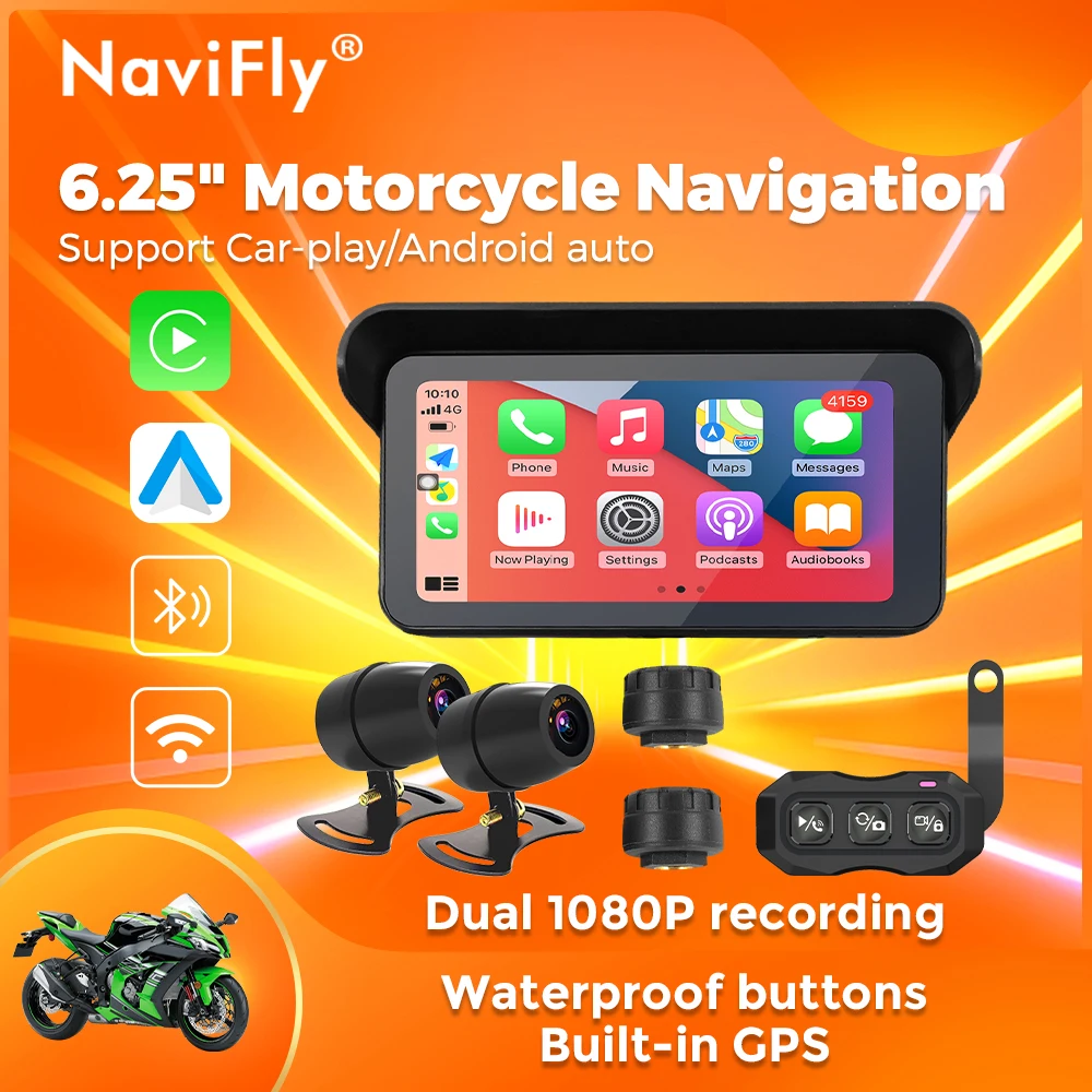 6,25 "Motorrad GPS Navigation IP67 Wasserdichte Display Drahtlose CarPlay Android Auto DVR Stick Recorder Moto Monitor WIFI BT TF Image