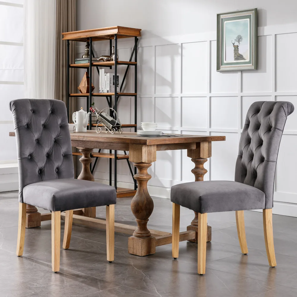 Samt-Esszimmerstühle, 2er-Set mit Eichenbeinen, Knopf, Chrom-Klappe, Schlafzimmerstuhl, Küchenstuhl, Wohnzimmer, Lounge, Freizeit