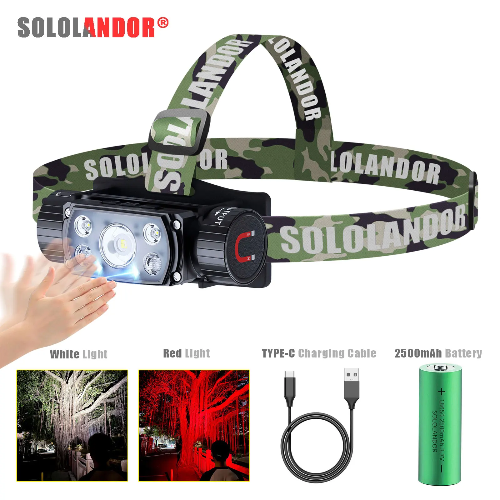 Neueste Sensor LED Weiß Rot 3 Schalter Camouflage Scheinwerfer 18650 Stirnlampe Taschenlampe Blitz Rotes Licht USB Typ C Power Bank Taschenlampe Image