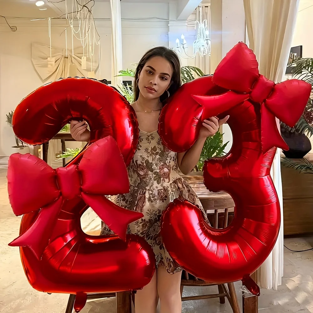 2 teile/satz 32 zoll Rot Anzahl Digital Ballon Mit Roten bowknot Folien Ballons für Geburtstag Party und Jahrestag Dekoration geschenke Image