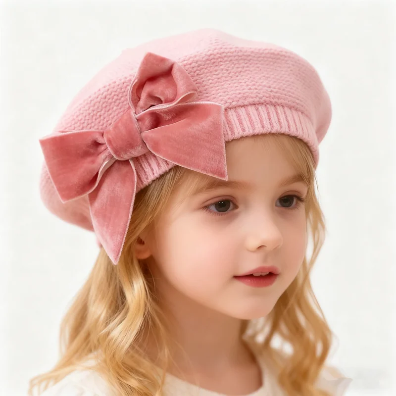 Neue Winter Baby Mädchen Warme Bowknot Gestrickte Hüte Kinder Baskenmütze Beanie Hut Solide Hut Weichen Bequemen Kinder Motorhaube Für 3-12 jahre Image