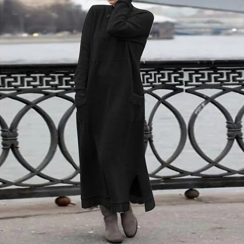 Per donna Abito Lungo Maxi Abito Abito in maglia Abito con Cappuccio Abito a Tubino Moderno Quotidiano All'aperto Ferie Vestibilità regolare Vestibilità comoda Semplice Manica Lunga Girocollo Nero