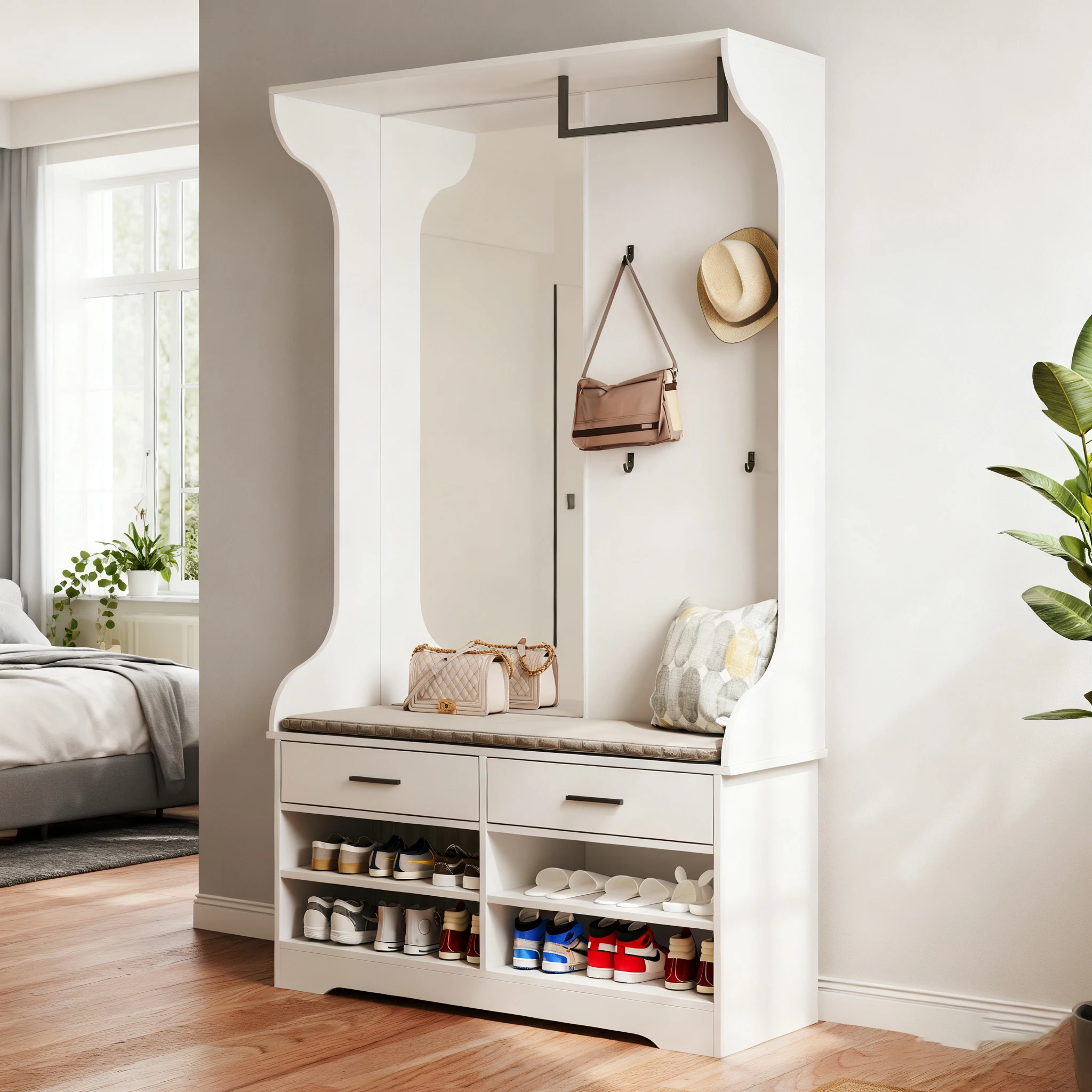 Kleiderschrank Multifunktionaler Schuhschrank Spiegel, Haken und Schubladen, moderner Kleiderschrank mit Stauraum und Sitzfläche