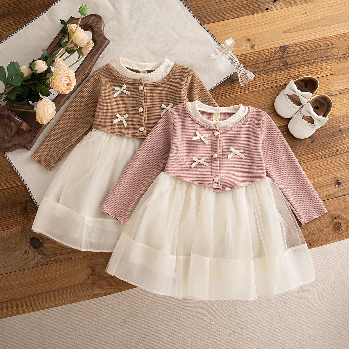 Baby Mädchen Kleid Frühling Und Herbst Bogen Gestrickte Mesh Langarm Mädchen Kleid Nette Prinzessin Kleid Für Mädchen Baby Mädchen Kleidung Image