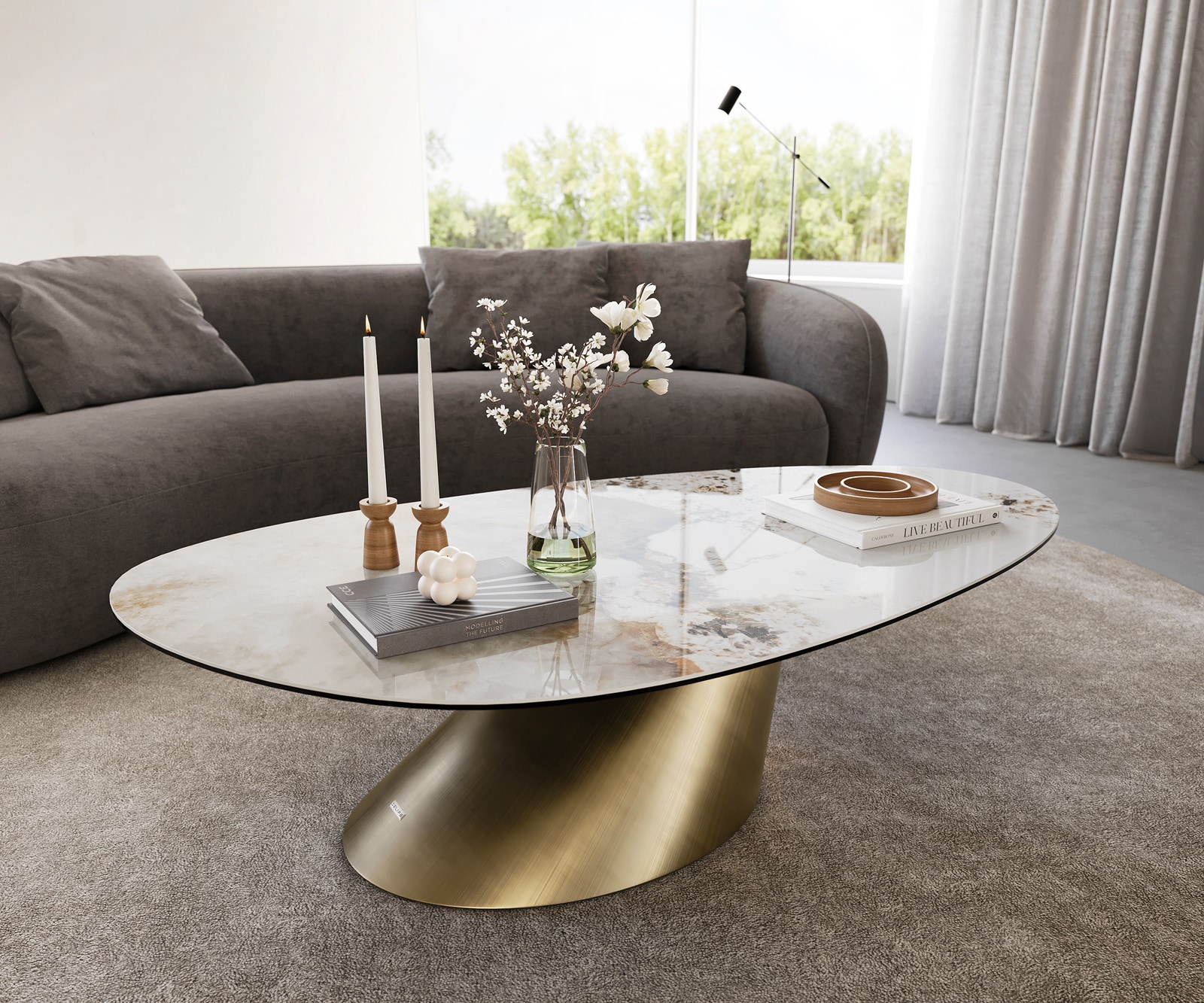 DELIFE Couchtisch Edge Oval 140x75 cm Keramik Minas Melange Conis Metallic Gold, Couchtische Image