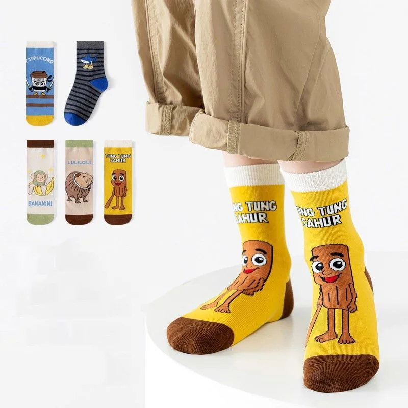 5 Pairs Italian Brainrot Children's' Socks Spring Autumn Cotton Socks Kids Striped Pattern Sock 1-14T Boys Mid-calf Length