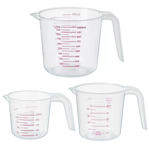 Il set di 3 misurini include misurini per liquidi in plastica da 250 ml (1 tazza), 500 ml (2 tazze) e 1000 ml (4 tazze) - per cucinare, mescolare e cuocere al forno misurini utensili da cucina