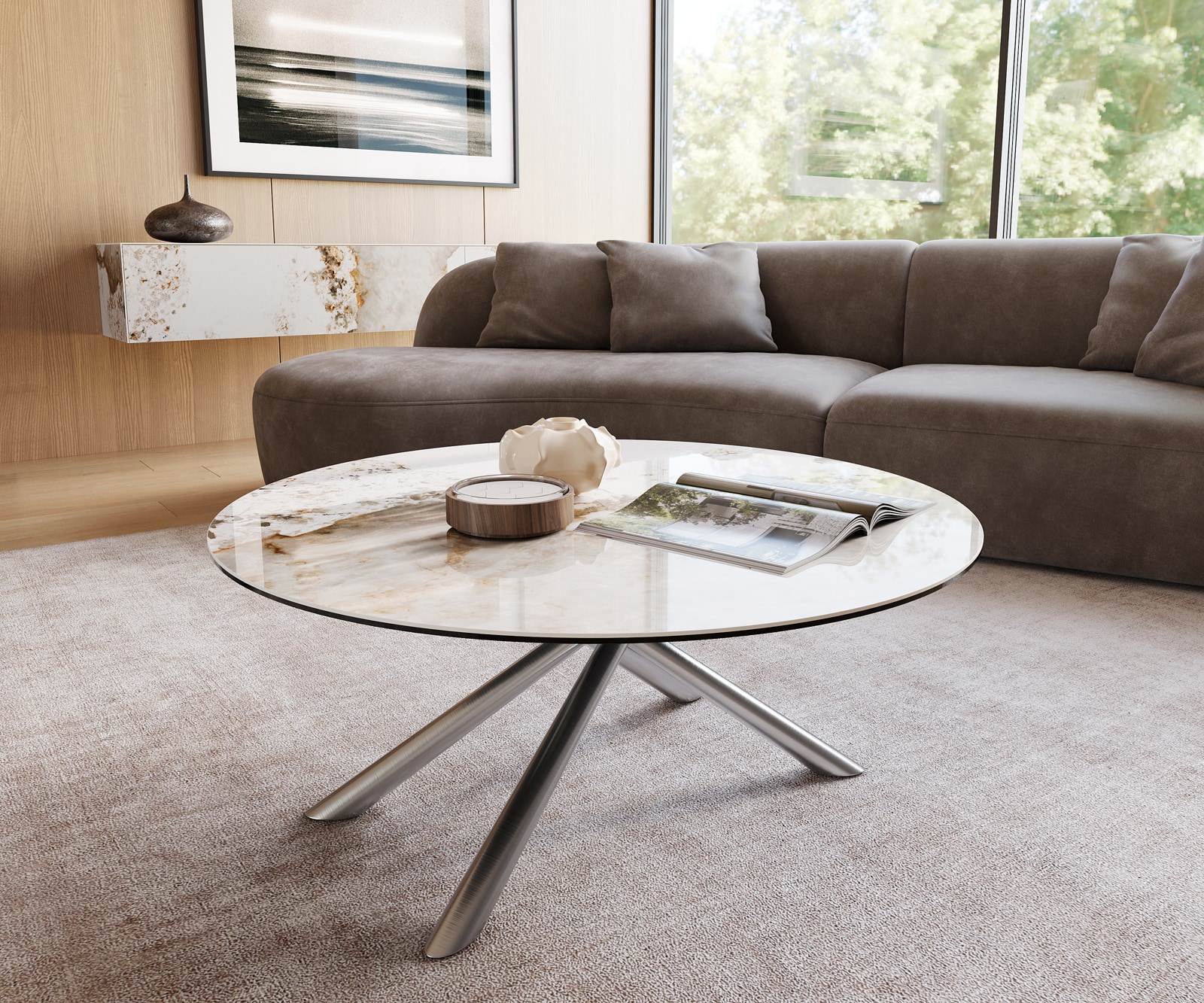 DELIFE Couchtisch Edge Rund 100x100 cm Keramik Minas Melange Sarity Edelstahl gebürstet, Couchtische Image