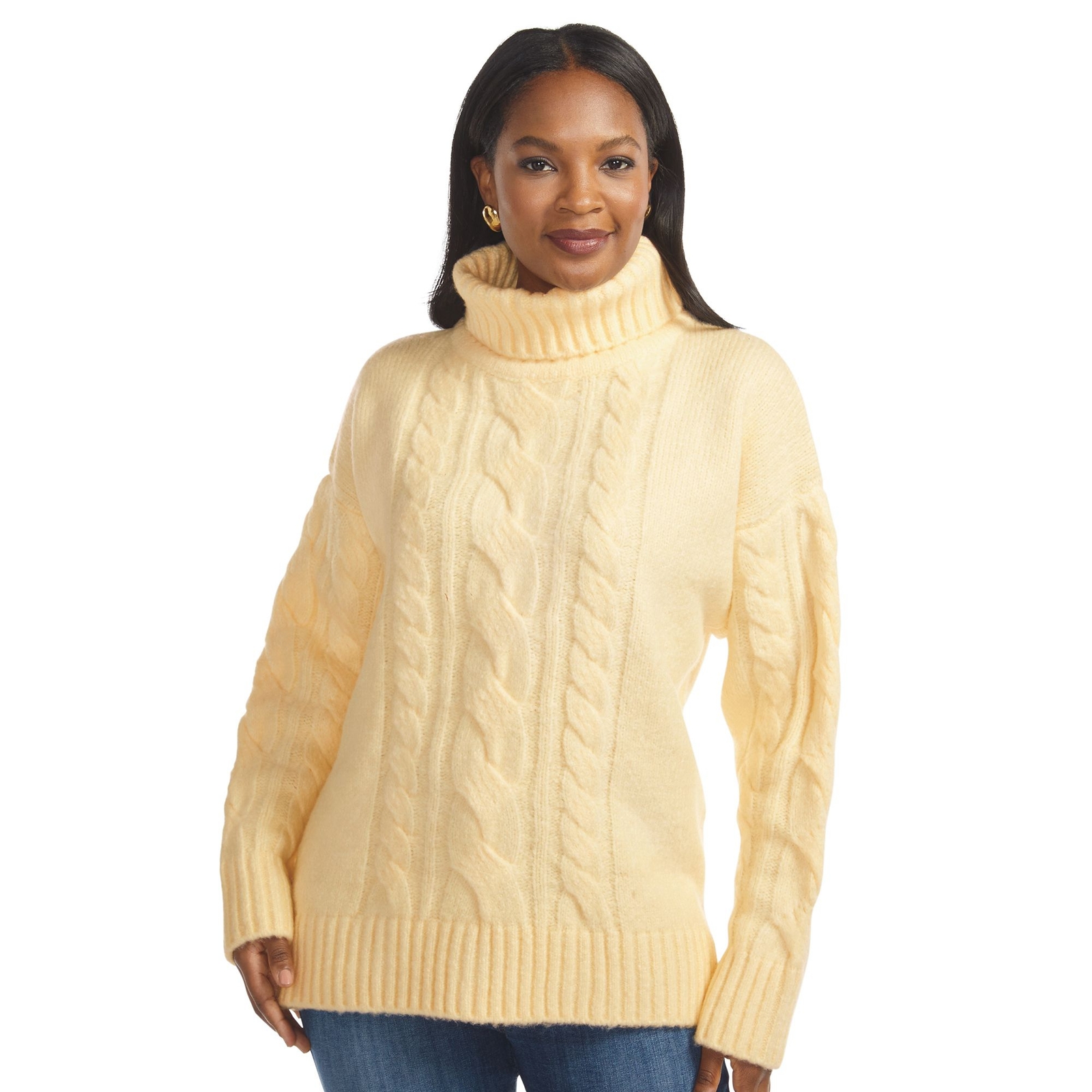 Masseys Cable Knit Tunic Sweater (Size 1X) Buttercream, Acrylic,Polyester,Synthetic