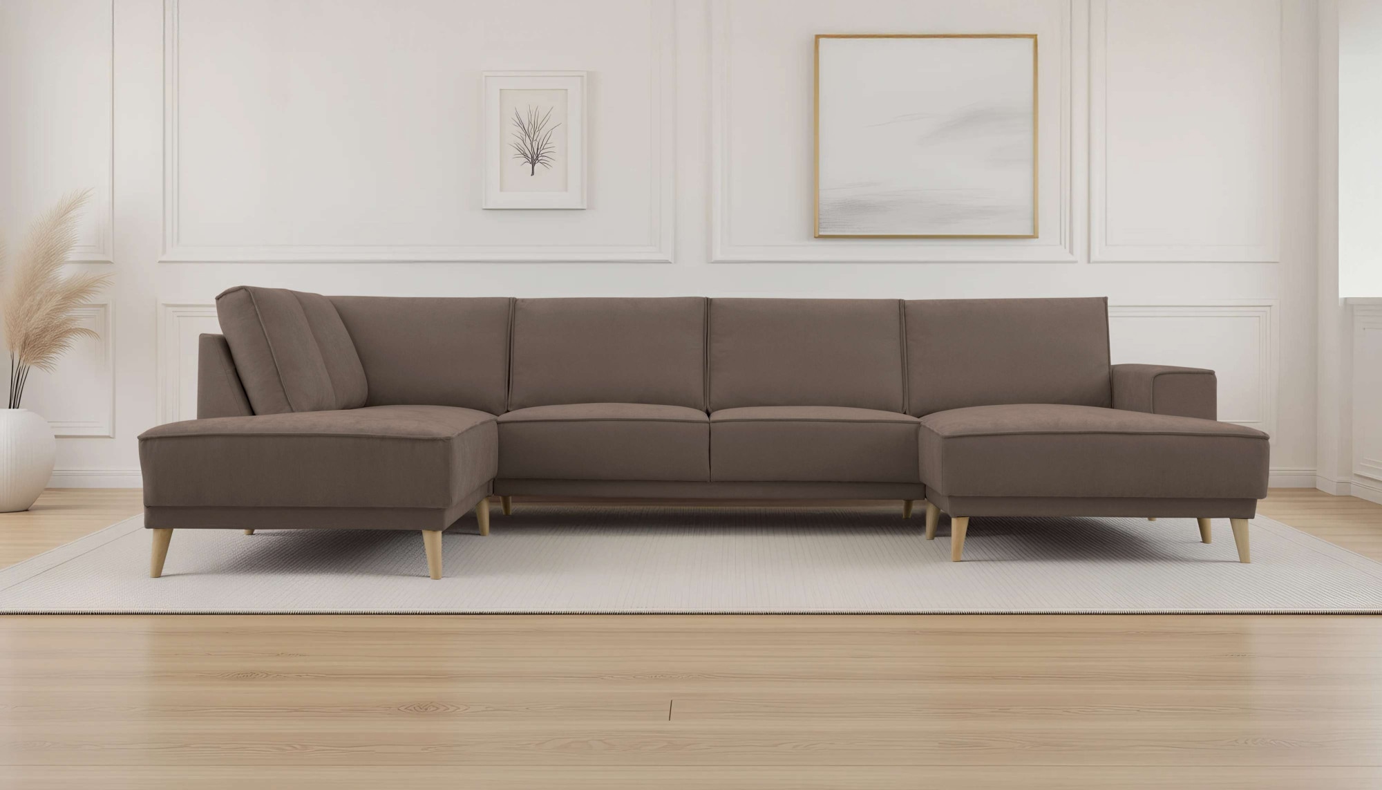 Wohnlandschaft OTTO HOME "Oland Skandi, weicher Chenille-Stoff", braun, B:345cm H:85cm T:210cm, 100% Polyester, Sofas, Wohnlandschaft, U-Form, 345 cm, Wellenunterfederung, Skandi-Design, Massivholzfüße